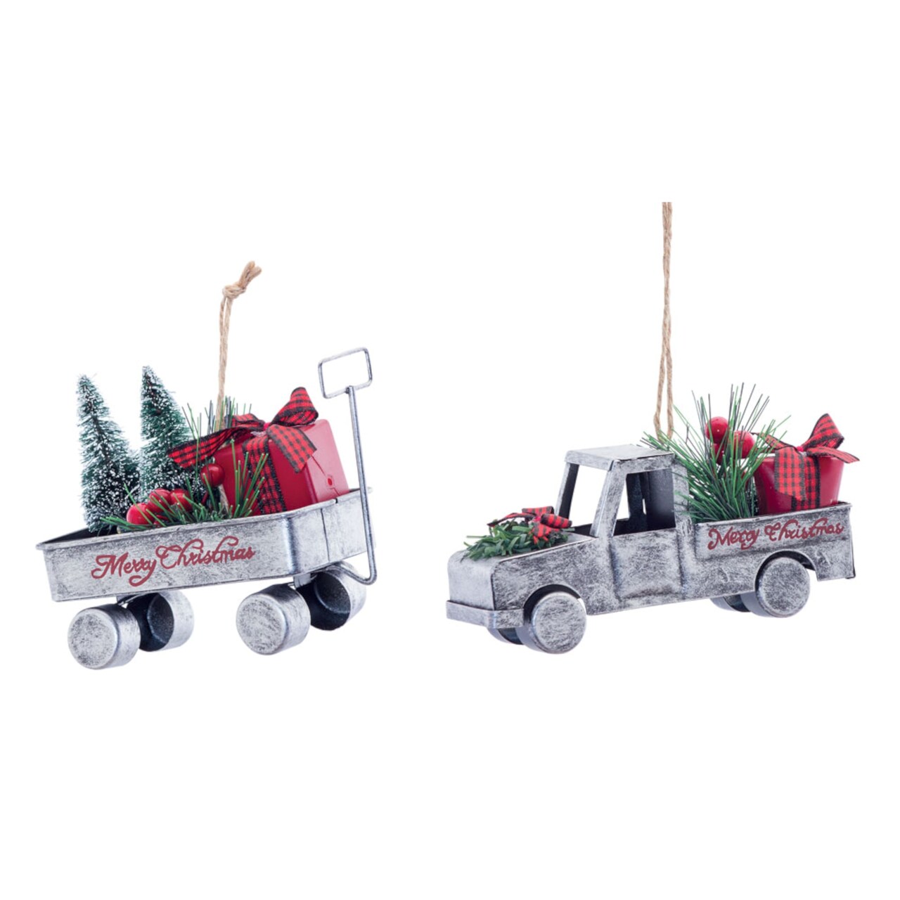 Contemporary Home Living Set of 6 White and Red Truck and Wagon Ornament 5.5&#x22;